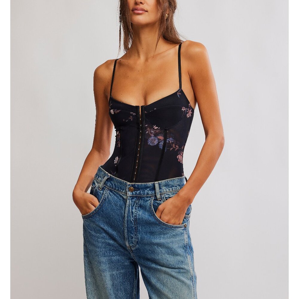 Free People Black Intimately FP Floral Mesh Bodysuit
